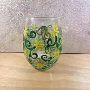 Glittery Little Yellow Flower Stemless Wine Glass or Votive By Love, Marcy Arts